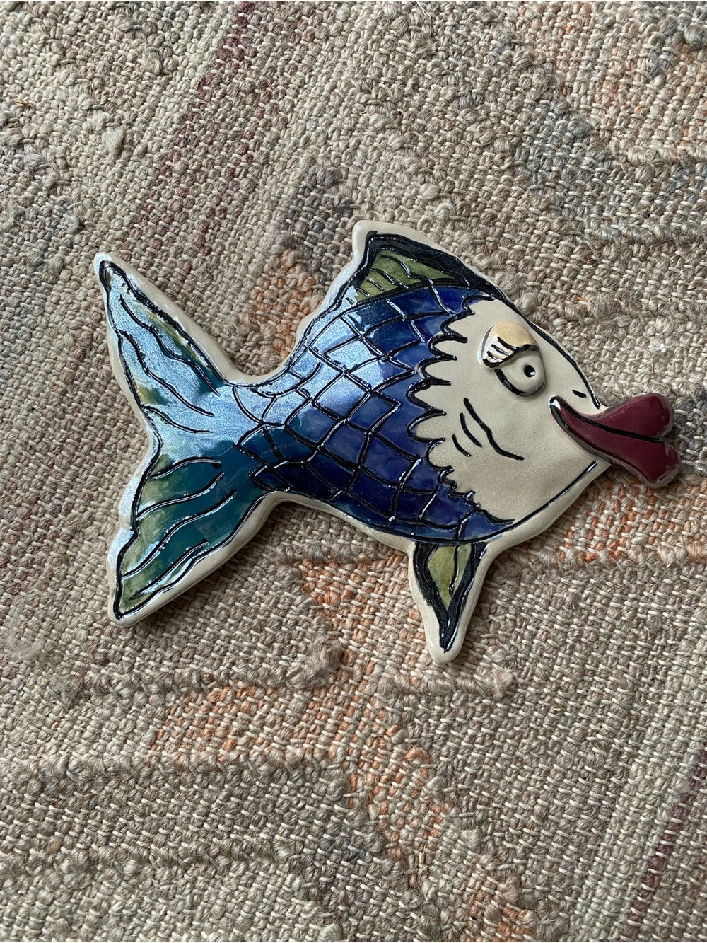 Vintage Heather Goldminc Blue Green Kissy Fish Wall Plaque Blue Sky Clayworks